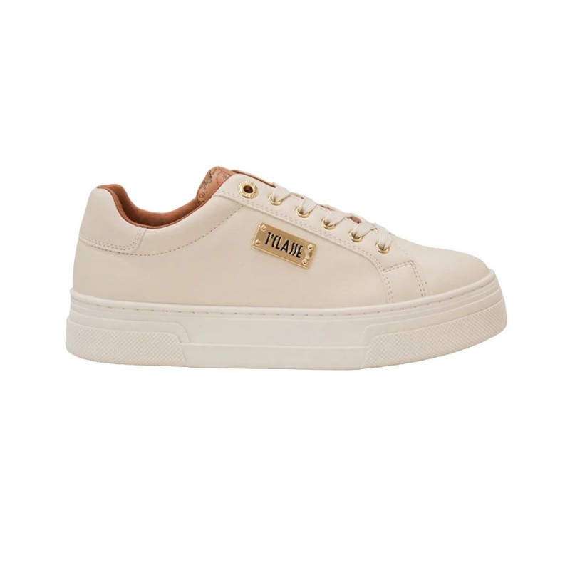 Sneakers platform Alviero Martini 1ª Classe in pelle color crema con dettaglio logo oro laterale e suola a cassetta.
