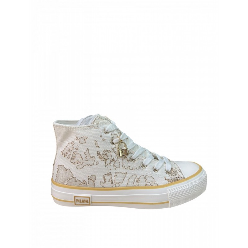 Sneakers alte Alviero Martini 1ᴬ Classe Geo White con charm lucchetto oro e suola platform.